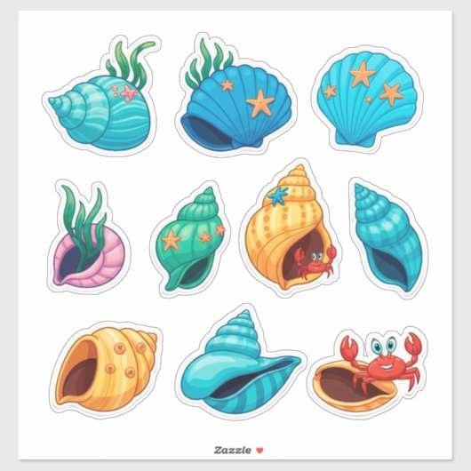 カラフルな貝殻と海洋生物 シール (シート)