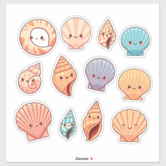 カラフルな貝殻と海洋生物 シール (シート)