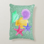 カラフルな貝殻及び静かのヒトデの緑 アクセントクッション (裏面(縦))