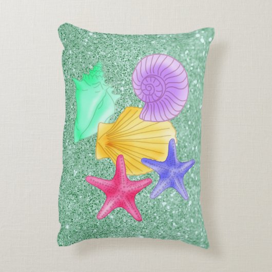 カラフルな貝殻及び静かのヒトデの緑 アクセントクッション (裏面(縦))