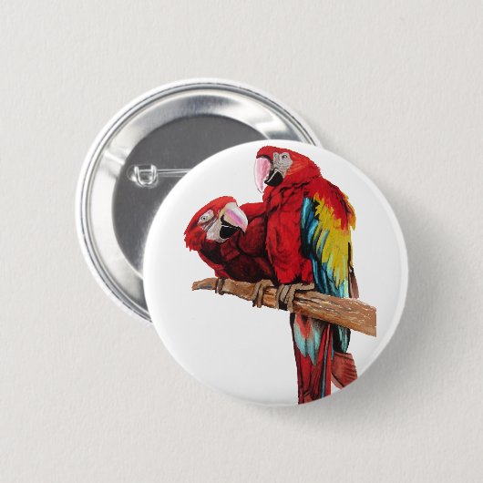 カラフルな赤いマコワの水彩画デザイン 缶バッジ (正面&裏面)