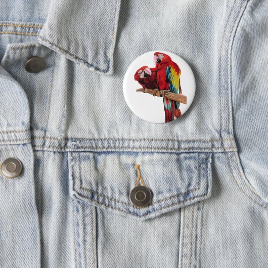 カラフルな赤いマコワの水彩画デザイン 缶バッジ (インサイチュ)