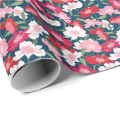 カラフルな赤い花柄 青 ラッピングペーパー (ロールコーナー)
