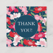 カラフルな赤とピンクの花柄 青いブラッシュ サンクス エンクロージャーカード (正面)