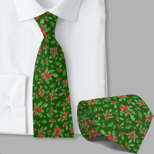 カラフルな赤と緑のヒイラギ柄 クリスマス ネクタイ