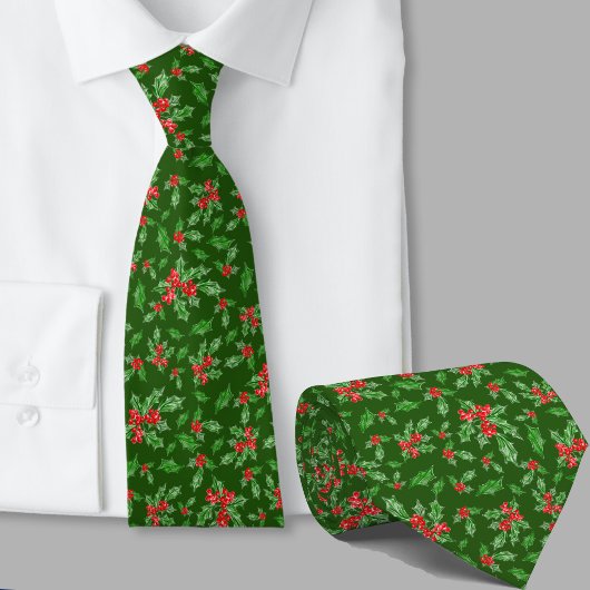 カラフルな赤と緑のヒイラギ柄 クリスマス ネクタイ