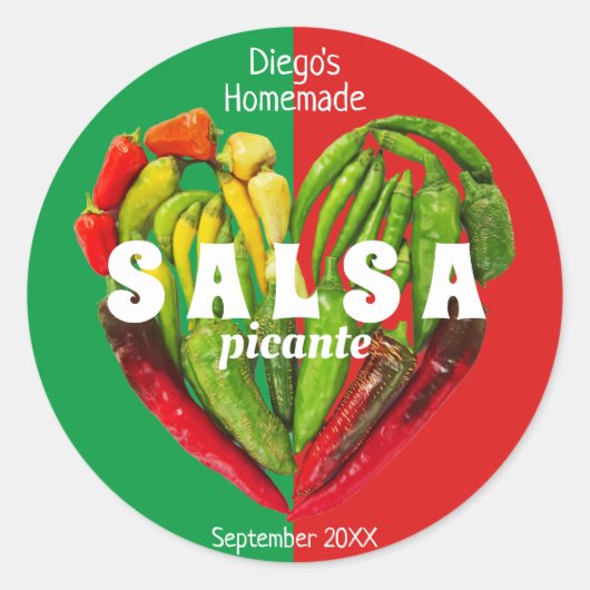 カラフルな赤と緑の唐辛子 ハート型の食品ラベル ラウンドシール (正面)