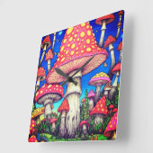 カラフルな赤と黄色のキノコが並ぶ スクエア壁時計 (傾斜)