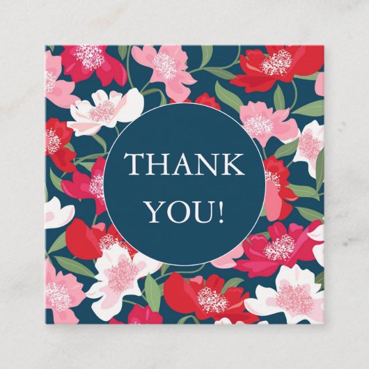 カラフルな赤ピンクの花柄 青いブラッシュの感謝カード エンクロージャーカード (正面)