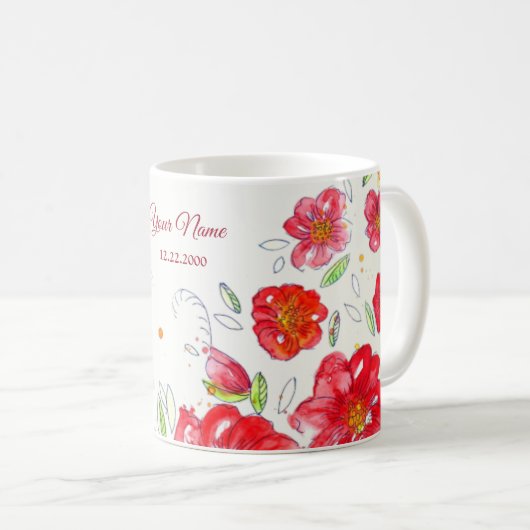 カラフルな赤黄色ピンクの花柄ウェディングパーティー コーヒーマグカップ (正面右)