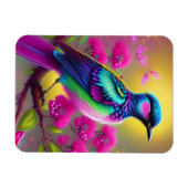 カラフルな超現実的鳥 ピンクの花 マグネット (横)