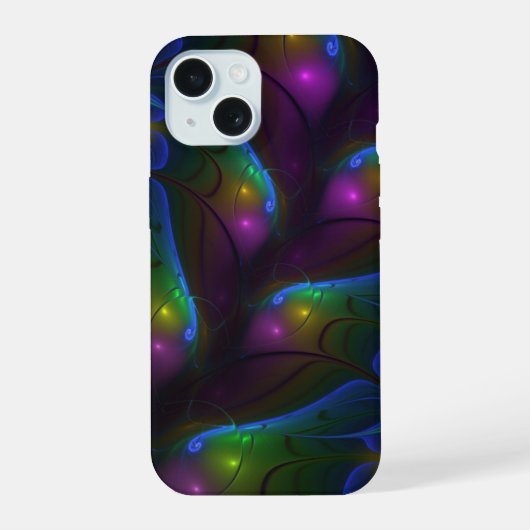 カラフルな輝きの抽象的モダントリッピー・フラクタル iPhone 15ケース (裏面)