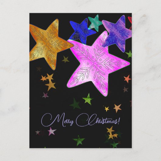 カラフルな輝く星たち メリークリスマス！ ポストカード (正面)