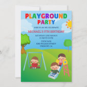 カラフルな遊び場 かわいい子供たちの公園 誕生日パーティー 招待状 (正面)