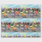 カラフルな都市の交通と活気ある都市の朝焼け ラッピングペーパー (フラット)