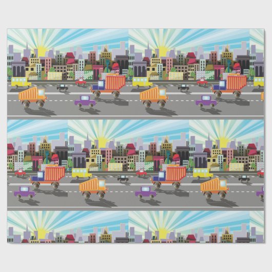 カラフルな都市の交通と活気ある都市の朝焼け ラッピングペーパー (フラット)