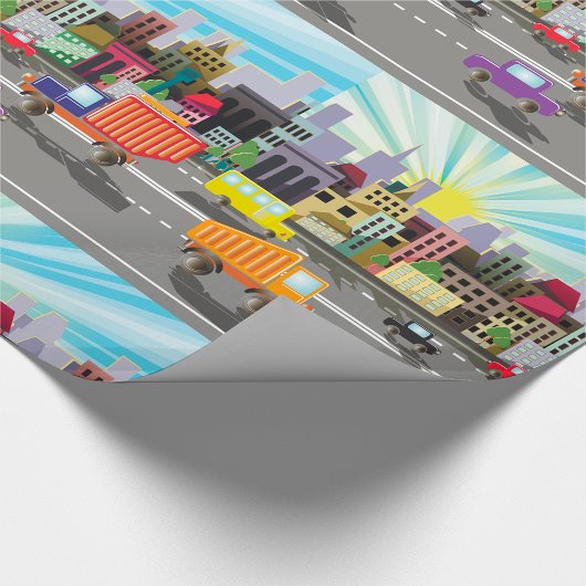 カラフルな都市の交通と活気ある都市の朝焼け ラッピングペーパー