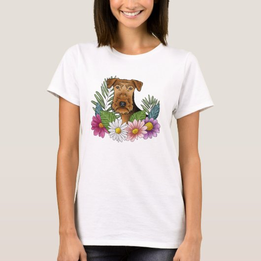 カラフルな野の花とエアデール・テリアの頭 Tシャツ (正面)