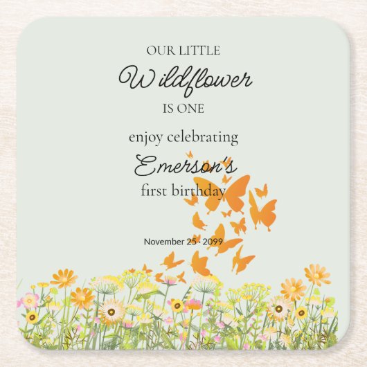 カラフルな野の花と蝶の1歳の誕生日 スクエアペーパーコースター (正面)