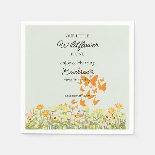 カラフルな野の花と蝶の1歳の誕生日 スタンダードカクテルナプキン (正面)