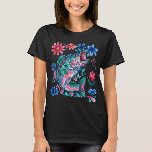 カラフルな野の花と鮮やかな水彩のバスフィッシュ Tシャツ (正面)