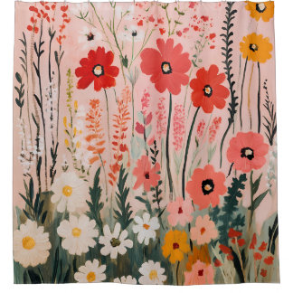 カラフルな野の花のフィールド絵画 シャワーカーテン