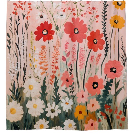 カラフルな野の花のフィールド絵画 シャワーカーテン (正面)