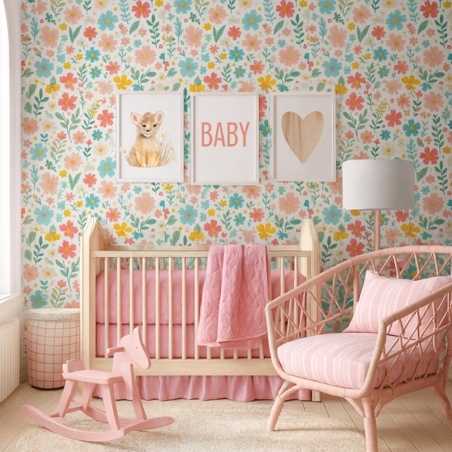 カラフルな野の花のフラワーの壁紙 壁紙 (A charming baby nursery featuring a joyful & fresh color palette, with a focus a stunning wallpaper)