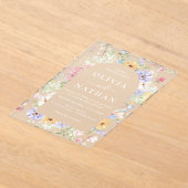 カラフルな野の花のリースのウェディングフロスト アクリル招待状 (レイダウン)