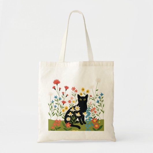 カラフルな野の花の中の黒猫 – コテージコア トートバッグ (正面)