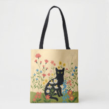 カラフルな野の花の中の黒猫 – コテージコア