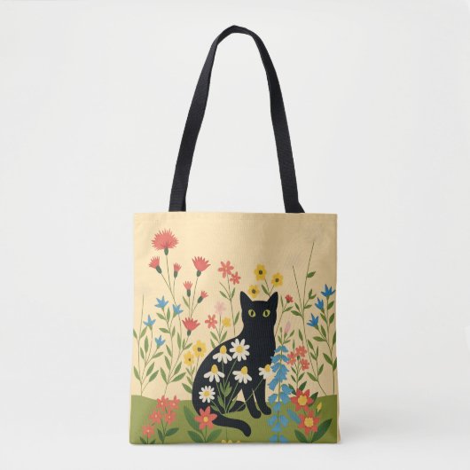 カラフルな野の花の中の黒猫 – コテージコア トートバッグ (正面)