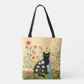 カラフルな野の花の中の黒猫 – コテージコア トートバッグ (裏面)