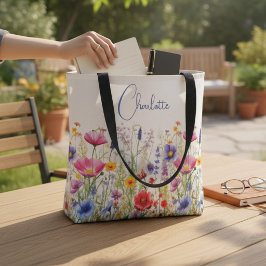 カラフルな野の花の名入れデザイン トートバッグ