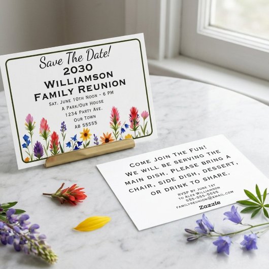 カラフルな野の花の家族再会のSave the Date 招待状