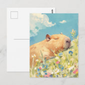 カラフルな野の花の草原で昼寝するカピバラ ポストカード (正面/裏面)