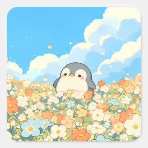 カラフルな野の花の草原にいるかわいいペンギン スクエアシール
