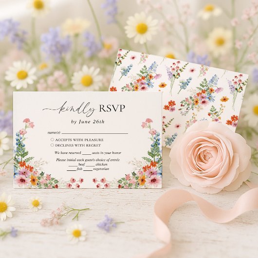 カラフルな野の花の草原の結婚式 出欠カード