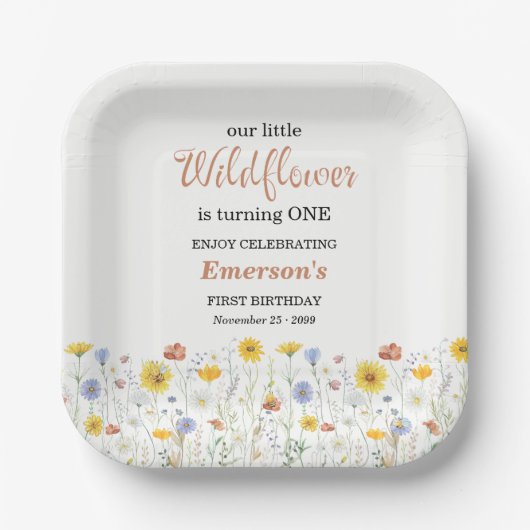 カラフルな野の花の1歳の誕生日パーティー ペーパープレート (正面)