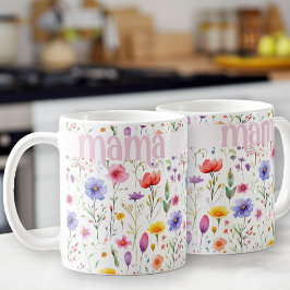 カラフルな野の花柄　ピンクママ コーヒーマグカップ