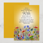 カラフルな野の花 黄色い太陽 90歳の誕生日 招待状 (正面/裏面)