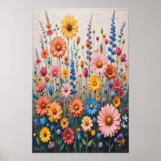 カラフルな野生の花のキャンバス上の3Dテクスチャペインティング ポスター (正面)