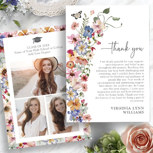 カラフルな野生の花の卒業式 サンキューカード