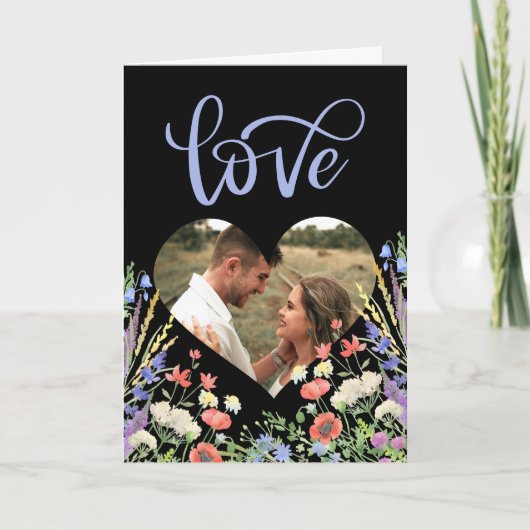 カラフルな野生の花の花の写真 黒バレンタイン カード (正面)