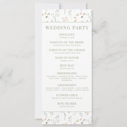 カラフルな野生の花の草原の花の結婚式のプログラム (裏面)