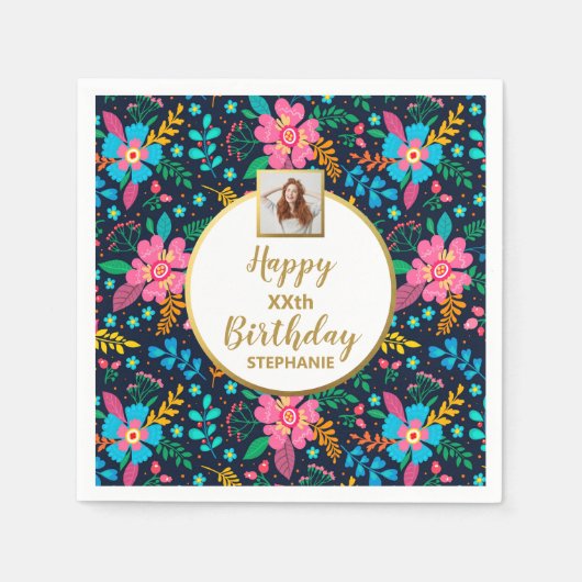 カラフルな野生の花　あらゆる年齢　カスタム写真　誕生日 スタンダードカクテルナプキン (正面)