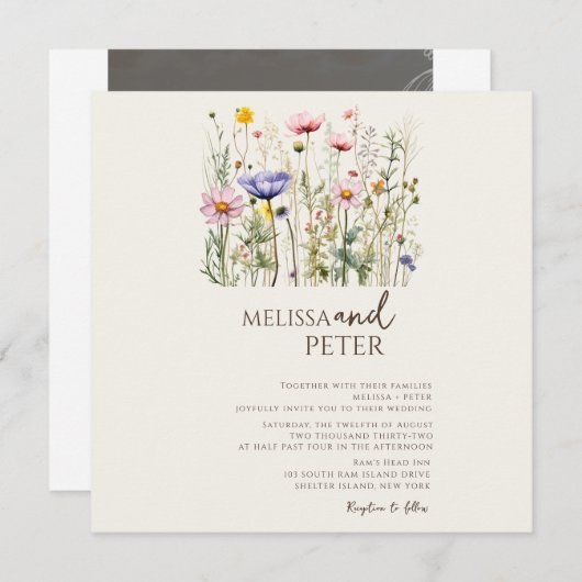 カラフルな野生の花 ベージュのイニシャル 写真 ウェディング セーブザデート (正面/裏面)