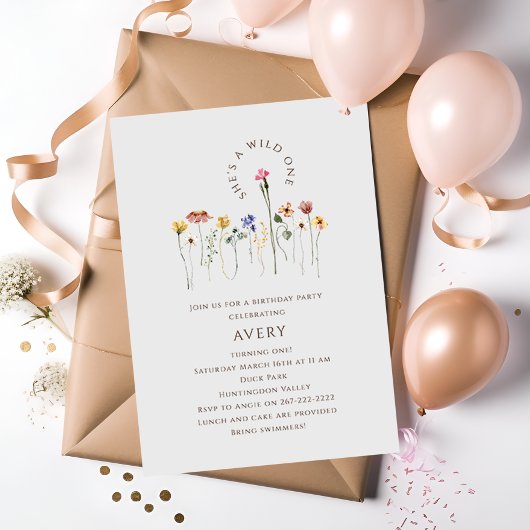カラフルな野生の花 ワイルドワン誕生日パーティー 招待状
