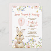 カラフルな野生の花 兎の1歳誕生日 招待状 (正面/裏面)