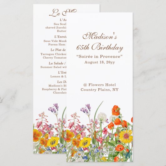 カラフルな野生の花 国 65歳の誕生日 メニュー (正面/裏面)